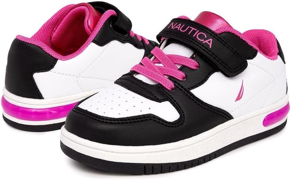 image:imageNautica Kids Girls Sneakers with Adjustable Strap and Bungee Straps Comfortable Casual Shoes ToddlerLittle KidWhite Black Pink