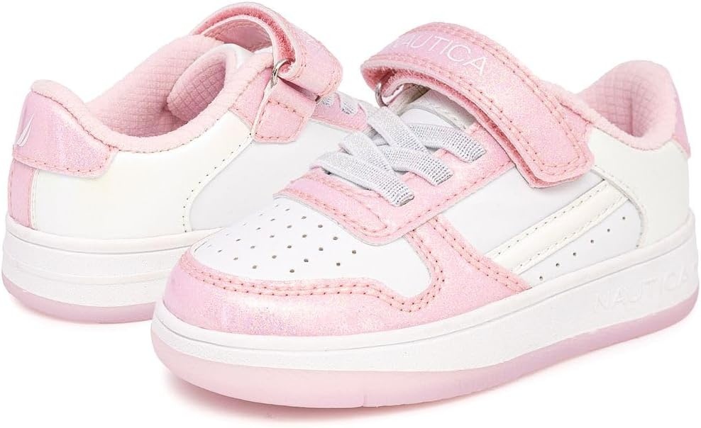 image:imageNautica Kids Girls Sneakers with Adjustable Strap and Bungee Straps Comfortable Casual Shoes ToddlerLittle KidWhite Glitter Pink