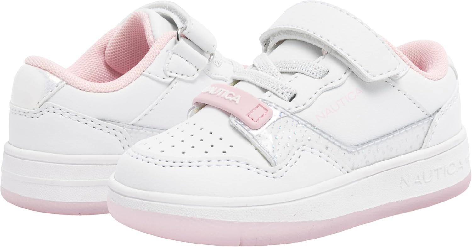 image:imageNautica Kids Girls Sneakers with Adjustable Strap and Bungee Straps Comfortable Casual Shoes ToddlerLittle KidWhite Iridescent Pink