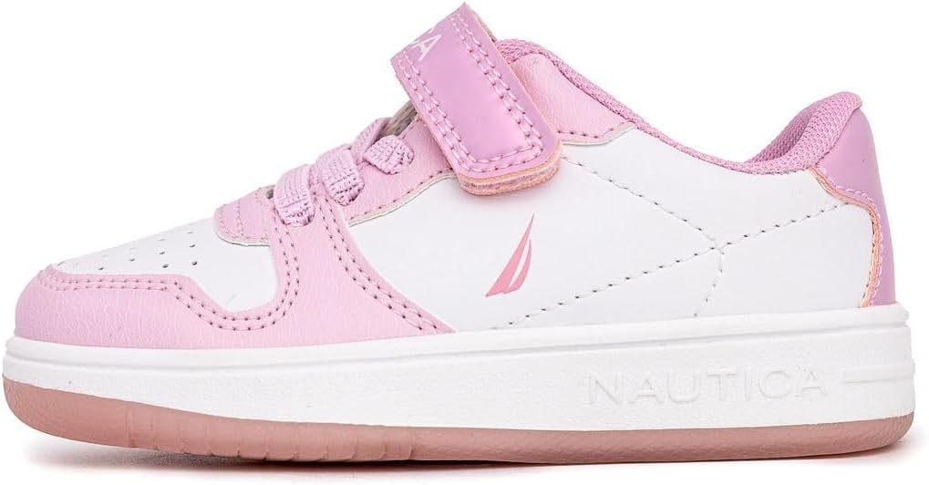 image:imageNautica Kids Girls Sneakers with Adjustable Strap and Bungee Straps Comfortable Casual Shoes ToddlerLittle KidWhite Light Pink Iridescent