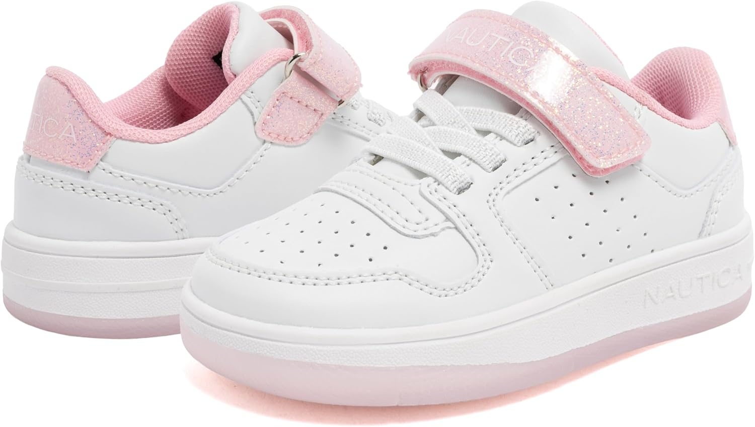 image:imageNautica Kids Girls Sneakers with Adjustable Strap and Bungee Straps Comfortable Casual Shoes ToddlerLittle KidWhite Pink Glitter