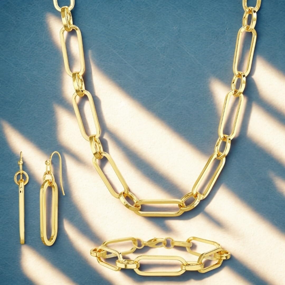 image:imageNautica Link Chain Necklace Earring Bracelet Set for Women 14K Yellow Gold Plated Alloy