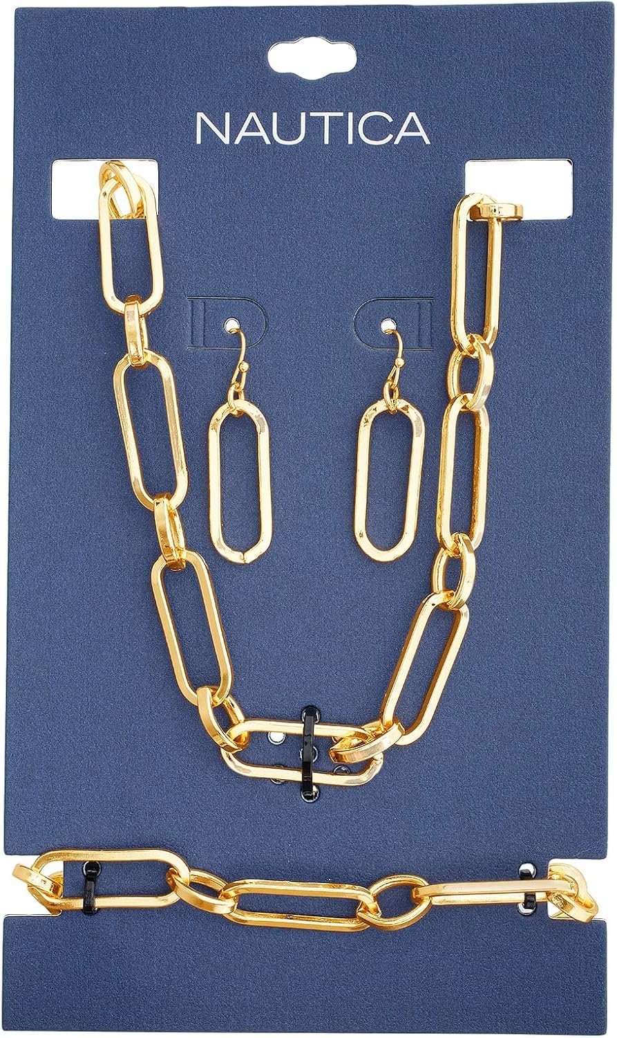 image:imageNautica Link Chain Necklace Earring Bracelet Set for Women 14K Yellow Gold Plated Alloy