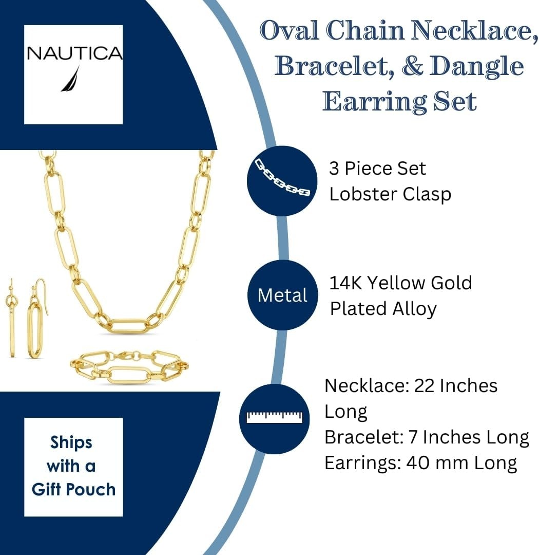 image:imageNautica Link Chain Necklace Earring Bracelet Set for Women 14K Yellow Gold Plated Alloy