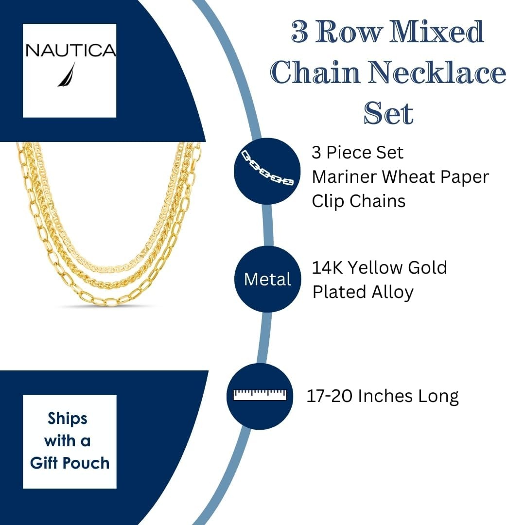 image:imageNautica Mariner Link Wheat Chain Necklace Set for Women 14K Yellow Gold Plated Alloy 14 20 Inches