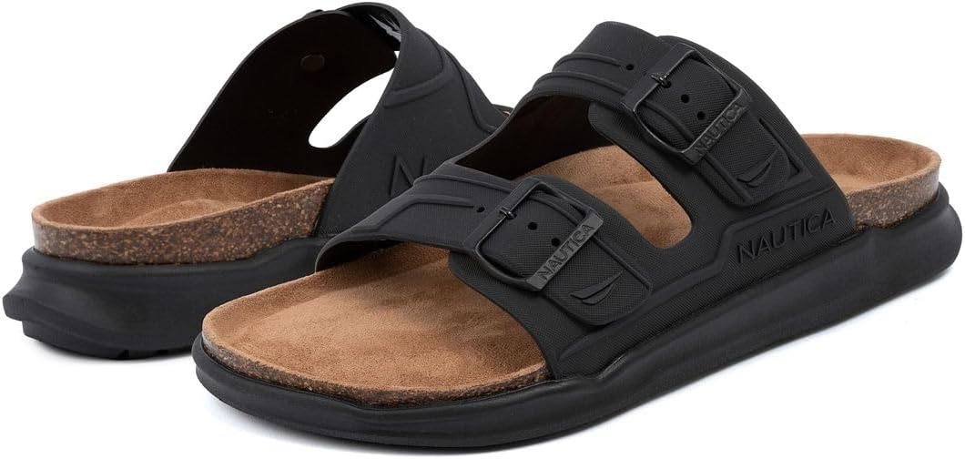 image:imageNautica Mens Sandals Casual Slides with 2 Adjustable Buckle Straps and Cork Footbed for Ultimate Comfort and Style RegularWide Width Big SizeBlack Mono