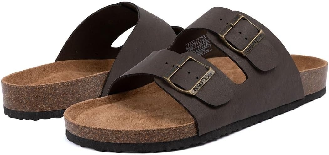 image:imageNautica Mens Sandals Casual Slides with 2 Adjustable Buckle Straps and Cork Footbed for Ultimate Comfort and Style RegularWide Width Big SizeBrown Tumbledtriun
