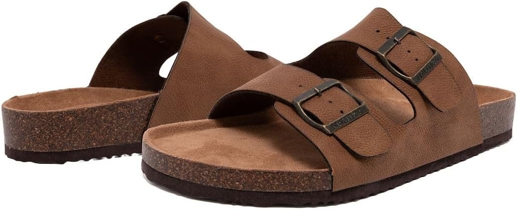 image:imageNautica Mens Sandals Casual Slides with 2 Adjustable Buckle Straps and Cork Footbed for Ultimate Comfort and Style RegularWide Width Big SizeCognactumbled