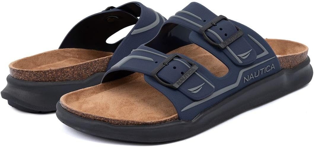 image:imageNautica Mens Sandals Casual Slides with 2 Adjustable Buckle Straps and Cork Footbed for Ultimate Comfort and Style RegularWide Width Big SizeNavy Charcoal