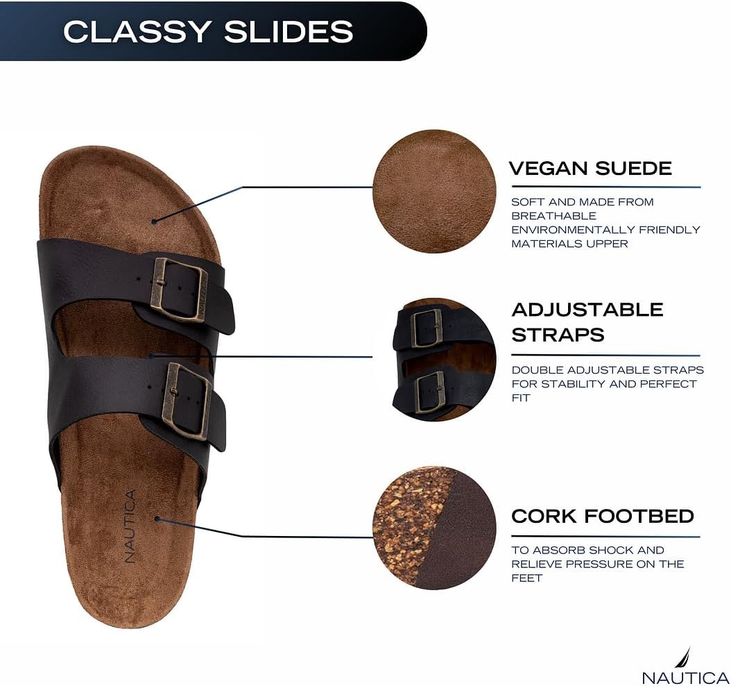 image:imageNautica Mens Sandals Casual Slides with 2 Adjustable Buckle Straps and Cork Footbed for Ultimate Comfort and Style RegularWide Width Big SizeNavy Monotriun