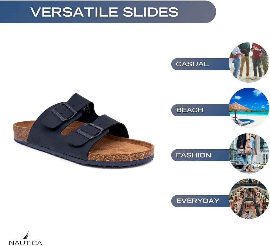 image:imageNautica Mens Sandals Casual Slides with 2 Adjustable Buckle Straps and Cork Footbed for Ultimate Comfort and Style RegularWide Width Big SizeNavy Monotriun
