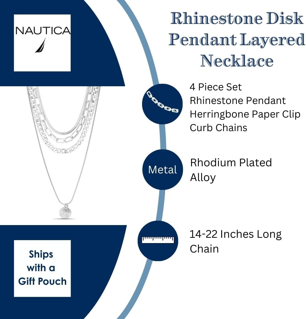 image:imageNautica Rhinestone Disc Pendant Layered Necklace for Women Rhodium Plated Alloy Four Row White Chain 1422 Inches