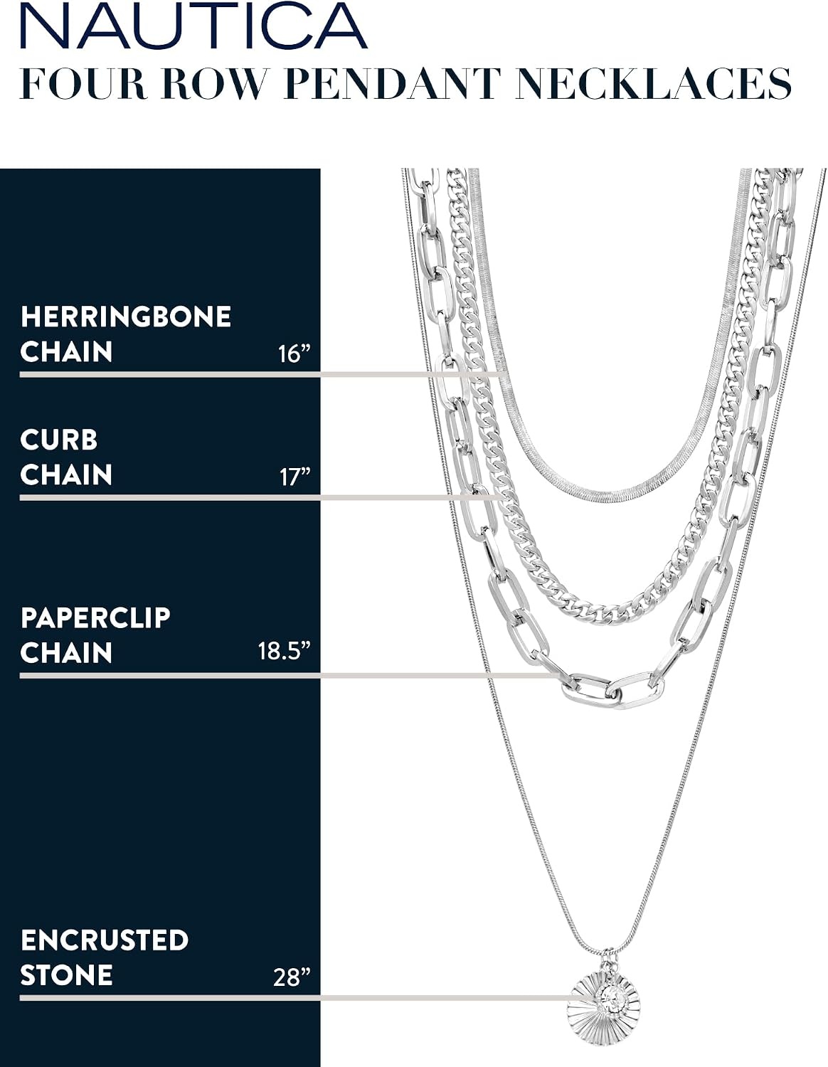 image:imageNautica Rhinestone Disc Pendant Layered Necklace for Women Rhodium Plated Alloy Four Row White Chain 1422 Inches