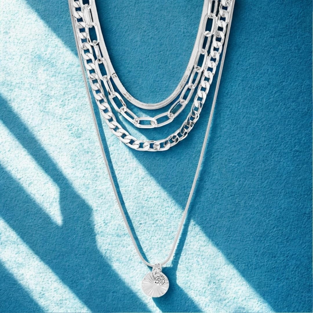 image:imageNautica Rhinestone Disc Pendant Layered Necklace for Women Rhodium Plated Alloy Four Row White Chain 1422 Inches