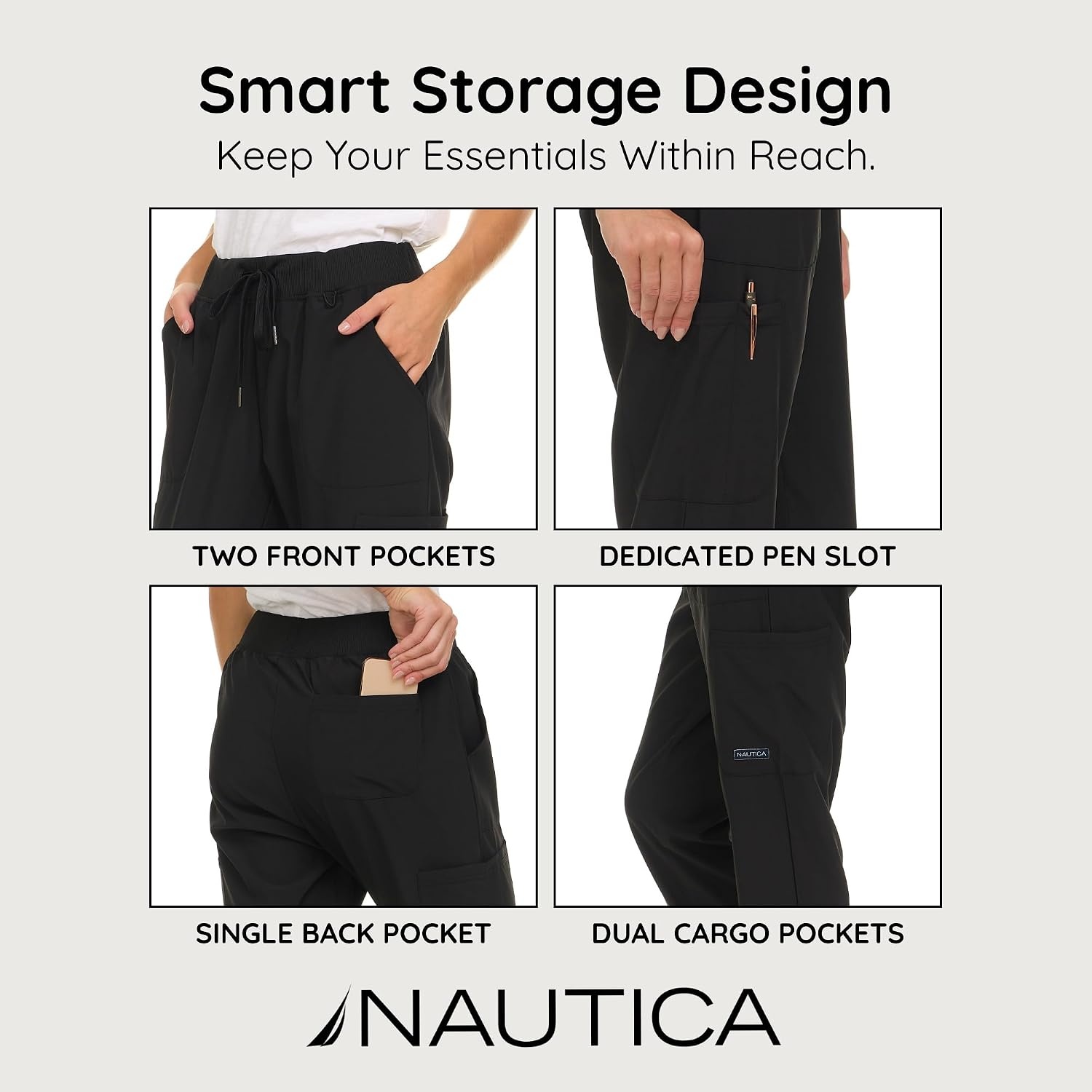 image:imageNautica Scrub Pants for Women Breathable Drawstring Jogger Scrubs for Women 5 Pocket Stretch Soft Scrub Bottoms for WomanBlack