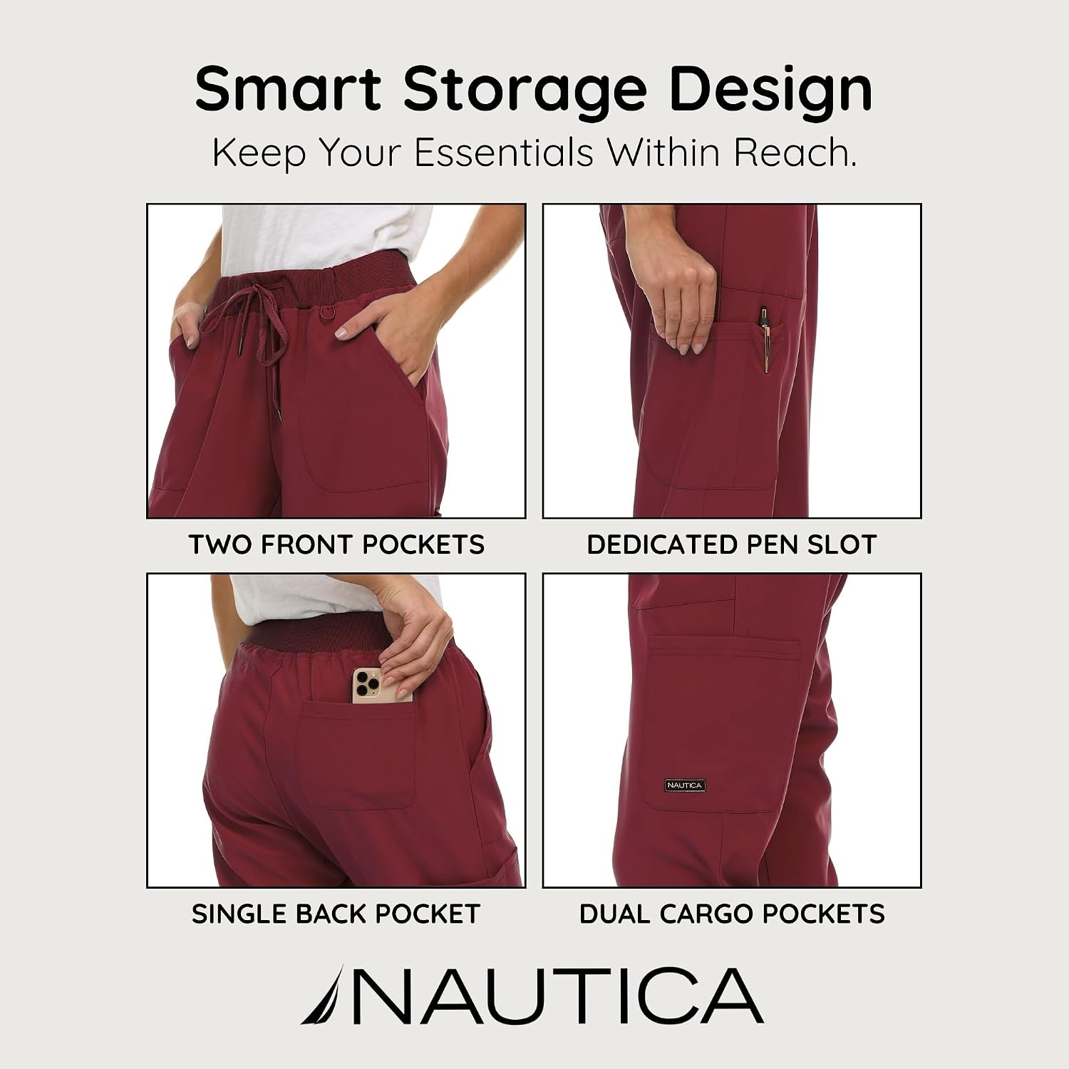 image:imageNautica Scrub Pants for Women Breathable Drawstring Jogger Scrubs for Women 5 Pocket Stretch Soft Scrub Bottoms for WomanCabernet