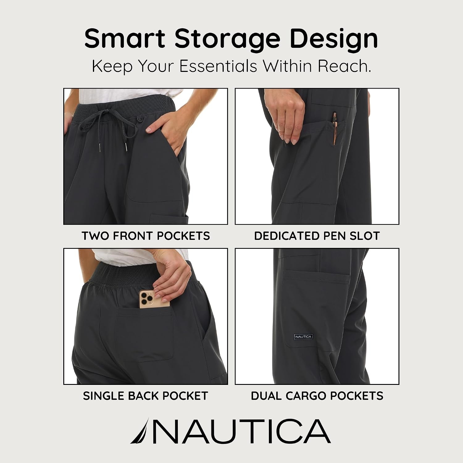 image:imageNautica Scrub Pants for Women Breathable Drawstring Jogger Scrubs for Women 5 Pocket Stretch Soft Scrub Bottoms for WomanCharcoal
