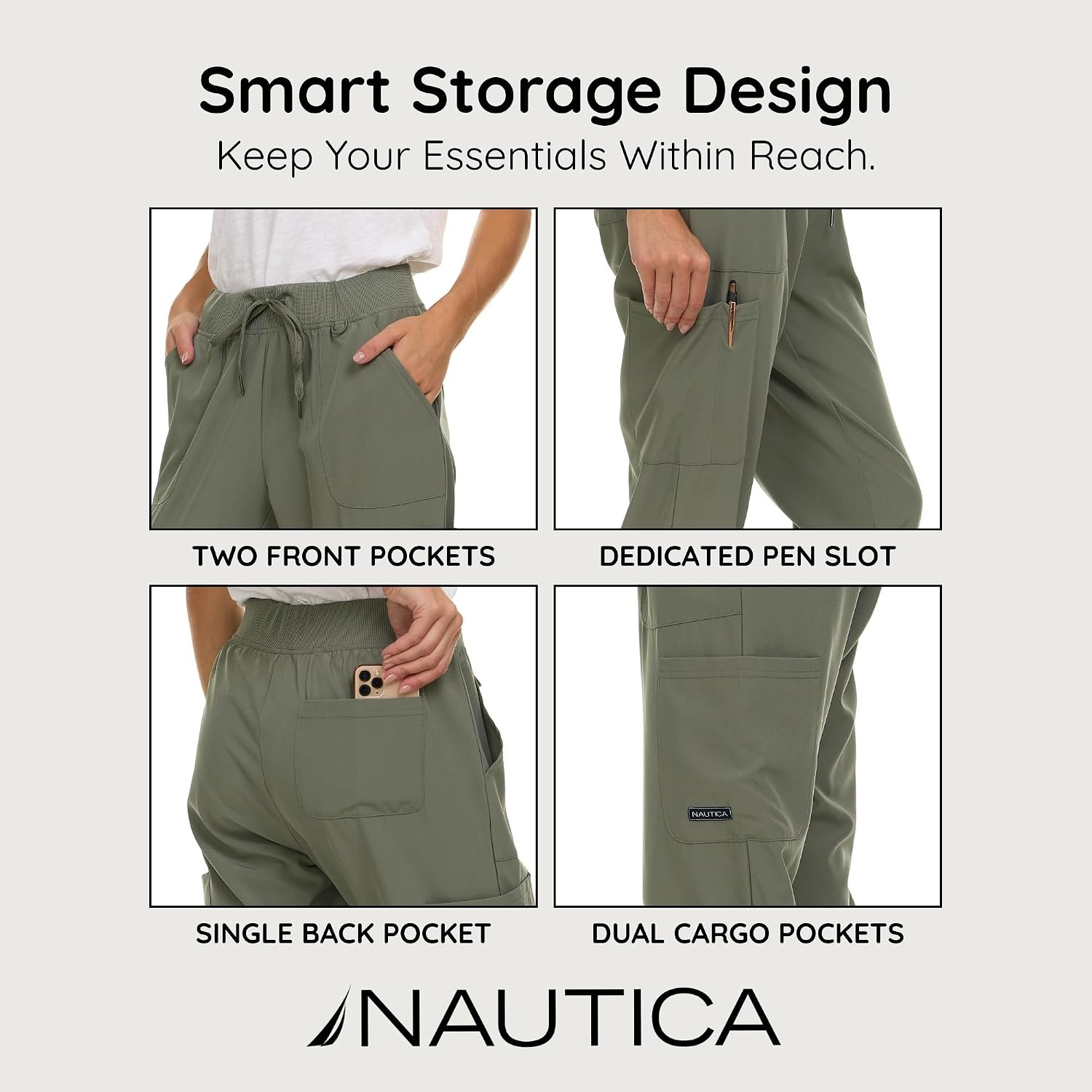 image:imageNautica Scrub Pants for Women Breathable Drawstring Jogger Scrubs for Women 5 Pocket Stretch Soft Scrub Bottoms for WomanOlive