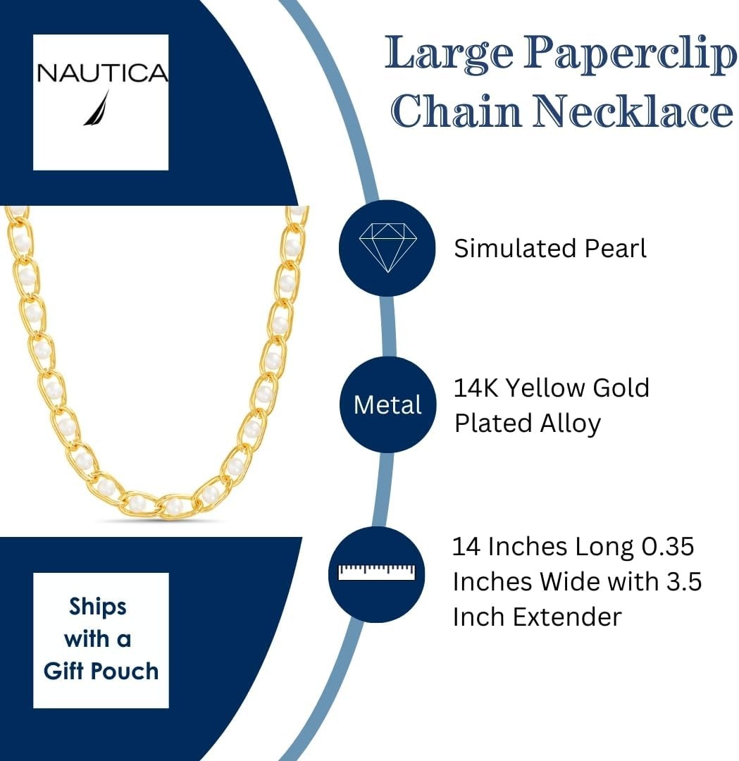 image:imageNautica Simulated Pearl Chain Necklace for Women 14K Yellow Gold Plated Alloy 175 Inches