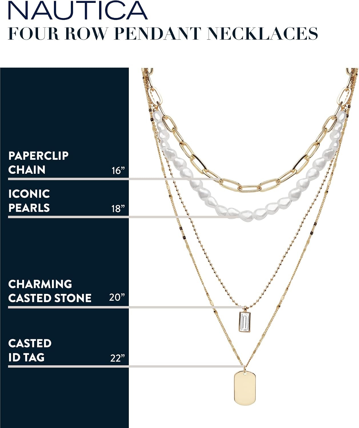 image:imageNautica Simulated Pearl Rhinestone Dog Tag Necklace Set for Women 14K Yellow Gold Plated Alloy 17 23 Inches