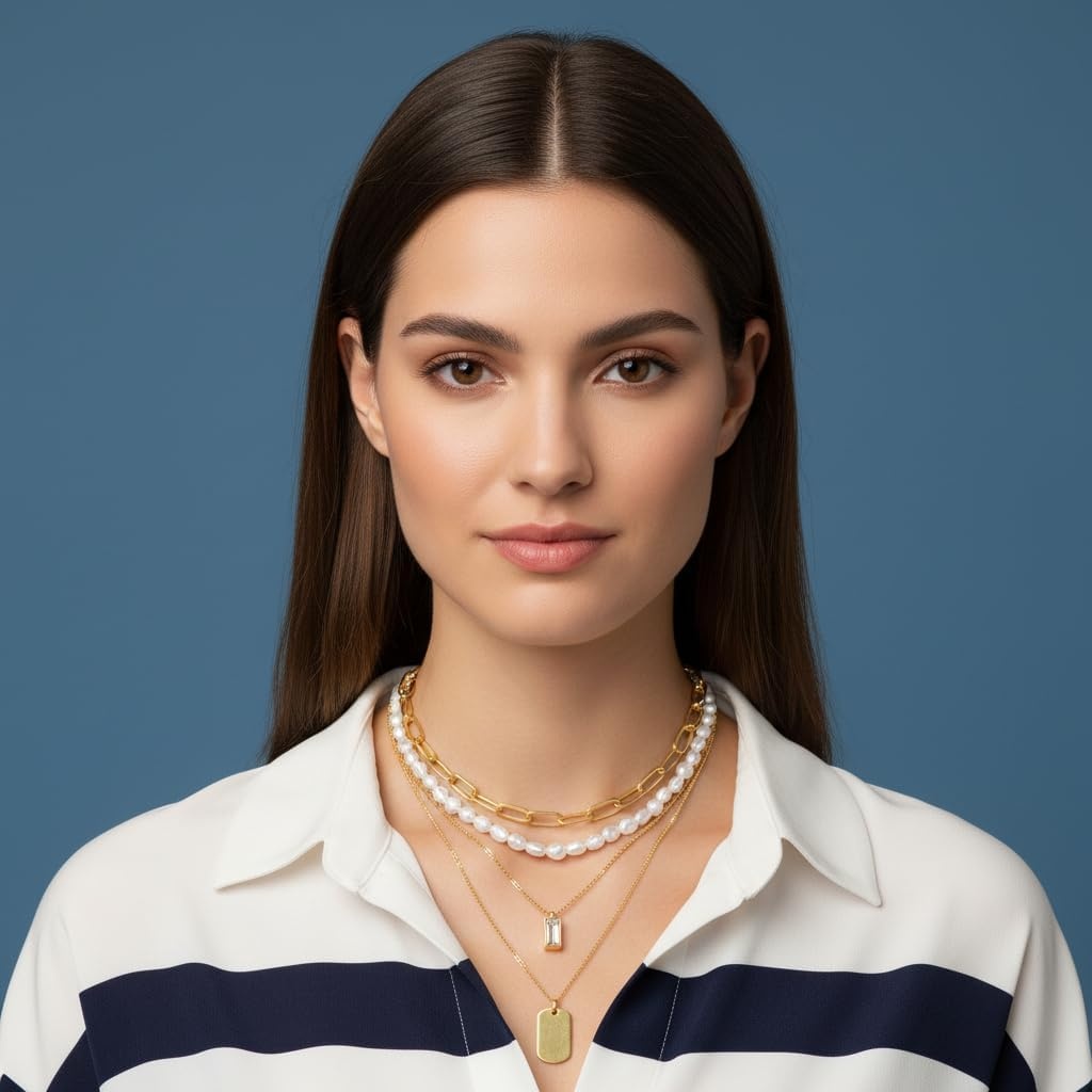 image:imageNautica Simulated Pearl Rhinestone Dog Tag Necklace Set for Women 14K Yellow Gold Plated Alloy 17 23 Inches