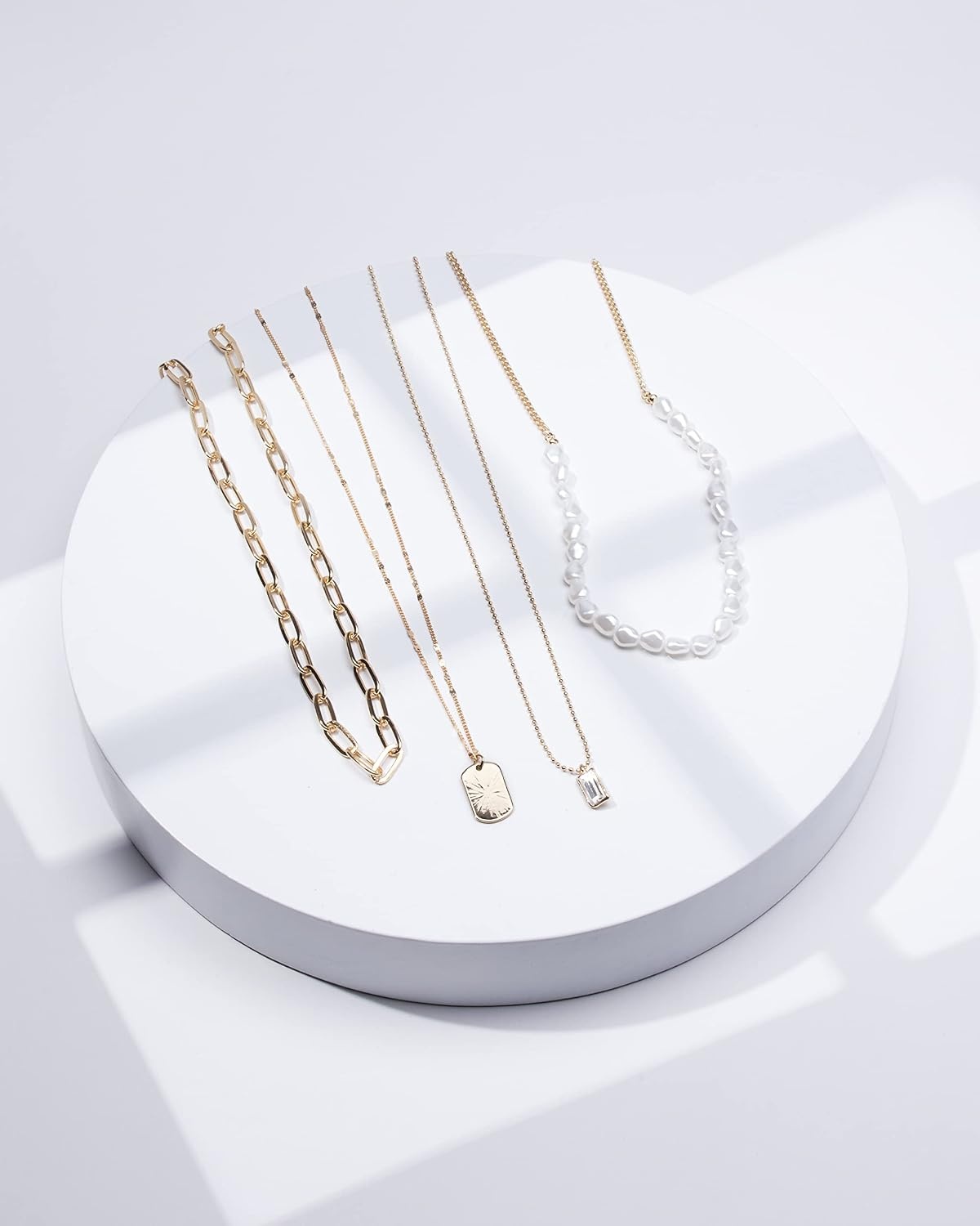 image:imageNautica Simulated Pearl Rhinestone Dog Tag Necklace Set for Women 14K Yellow Gold Plated Alloy 17 23 Inches