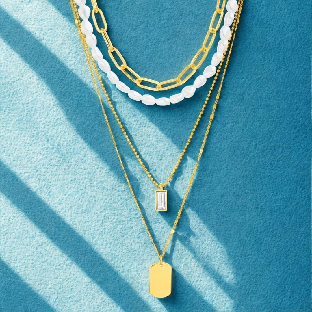 image:imageNautica Simulated Pearl Rhinestone Dog Tag Necklace Set for Women 14K Yellow Gold Plated Alloy 17 23 Inches