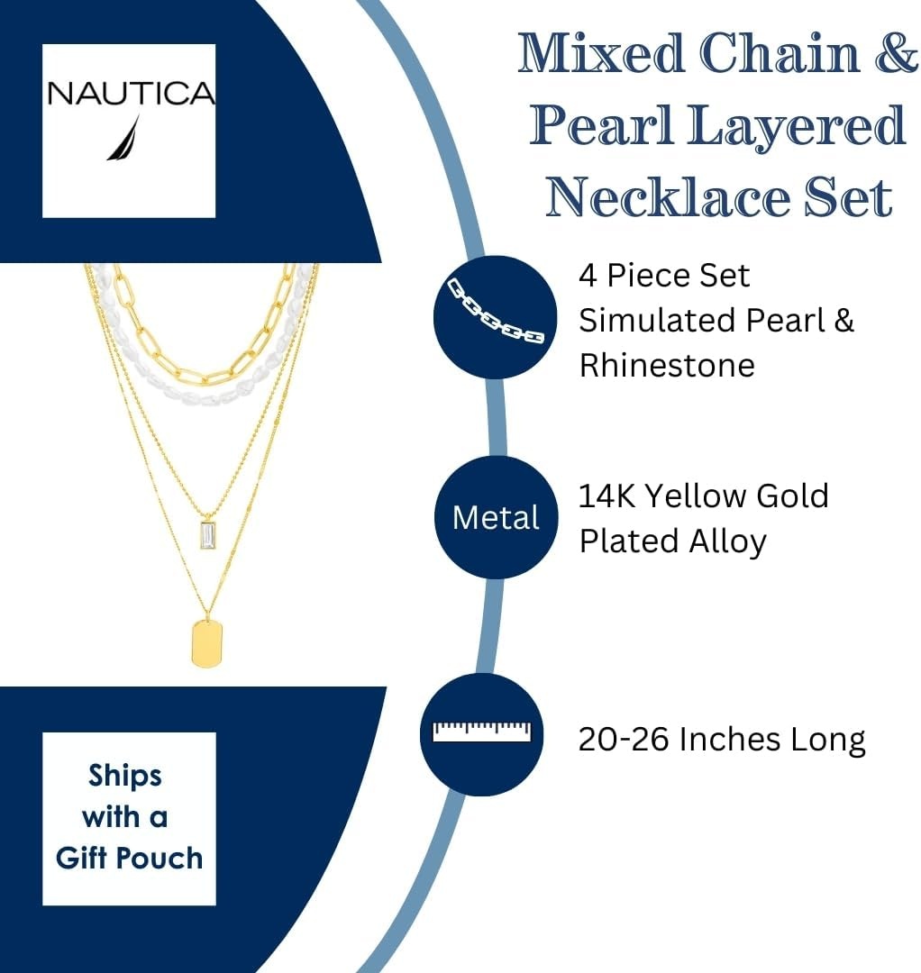 image:imageNautica Simulated Pearl Rhinestone Dog Tag Necklace Set for Women 14K Yellow Gold Plated Alloy 17 23 Inches