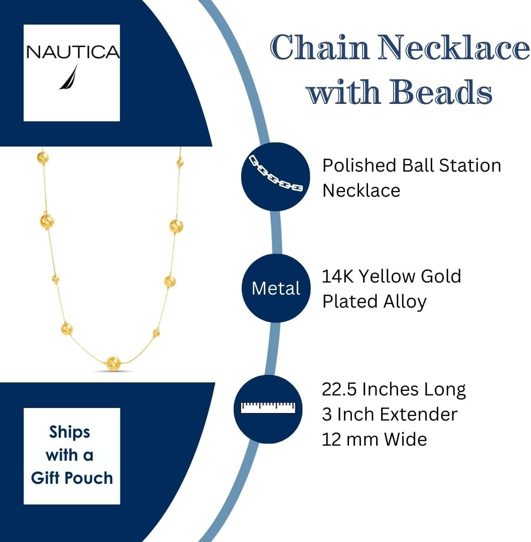image:imageNautica Station Bead Necklace for Women 14K Yellow Gold Plated Alloy 25 Inches