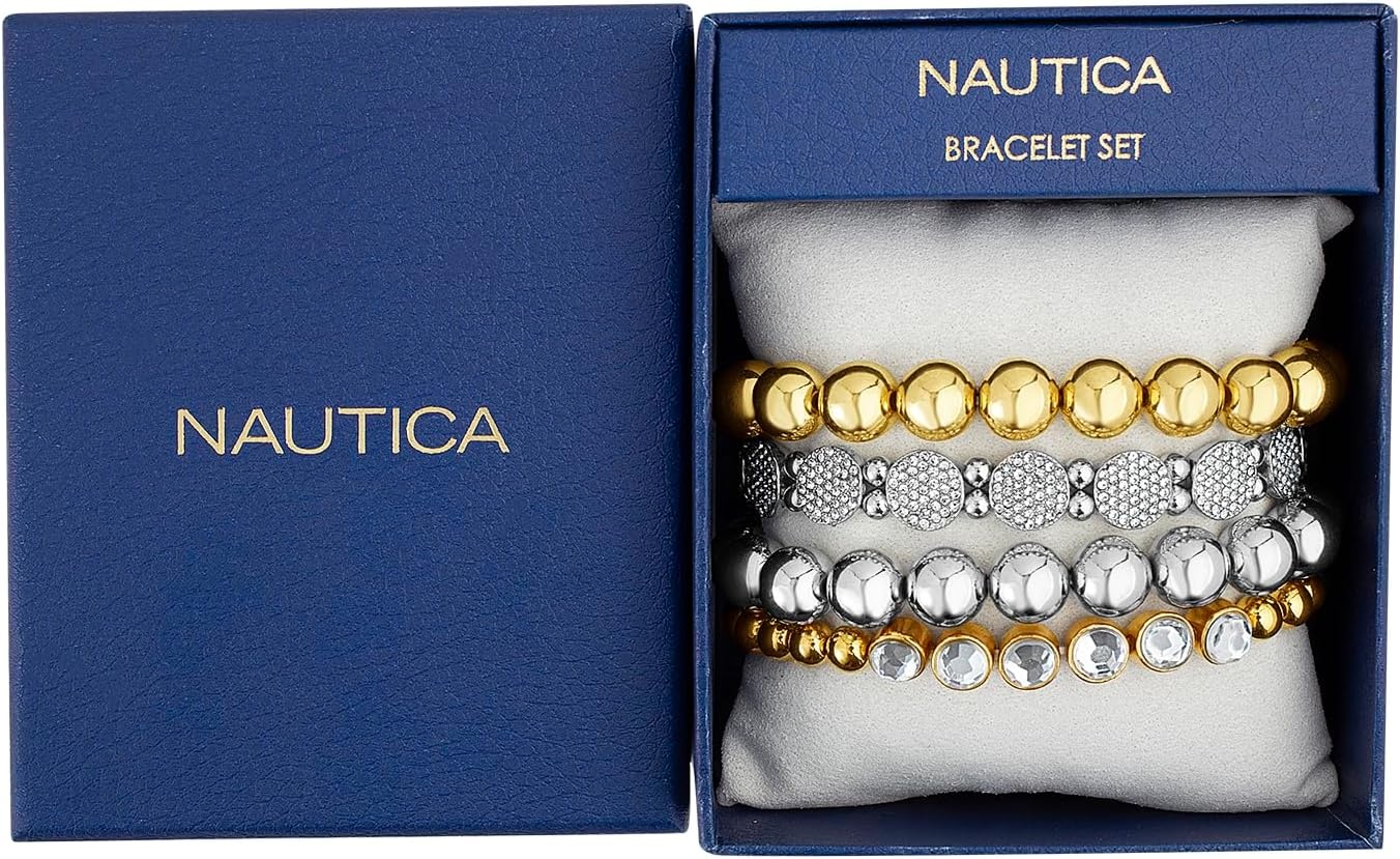 image:imageNautica Stretch Bead Stacking Bracelet Set for Women Rhodium amp 14K Yellow Gold Plated Alloy