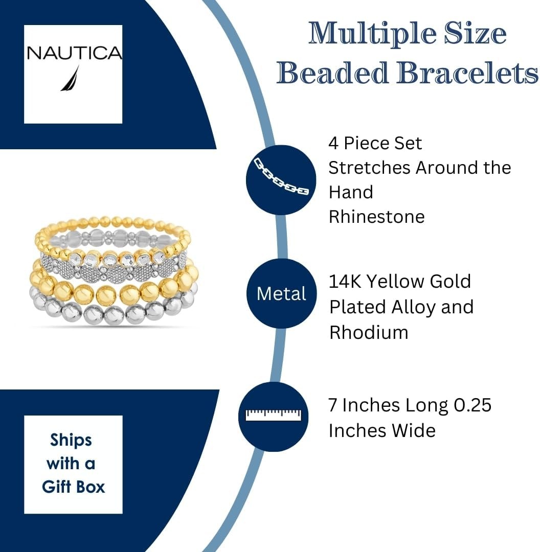 image:imageNautica Stretch Bead Stacking Bracelet Set for Women Rhodium amp 14K Yellow Gold Plated Alloy