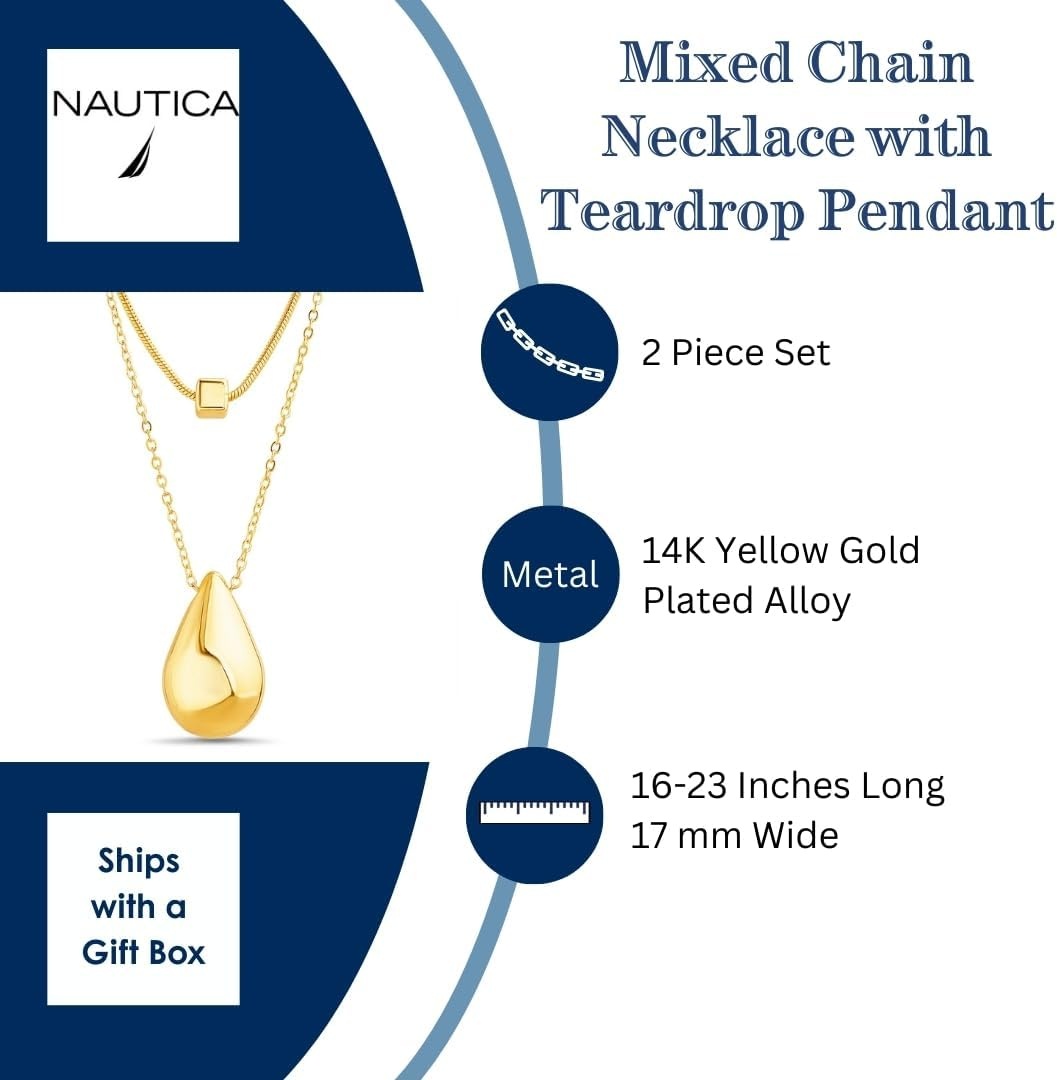image:imageNautica Two Row Teardrop Necklace Set for Women 14K Yellow Gold Plated Alloy 1622 Inches