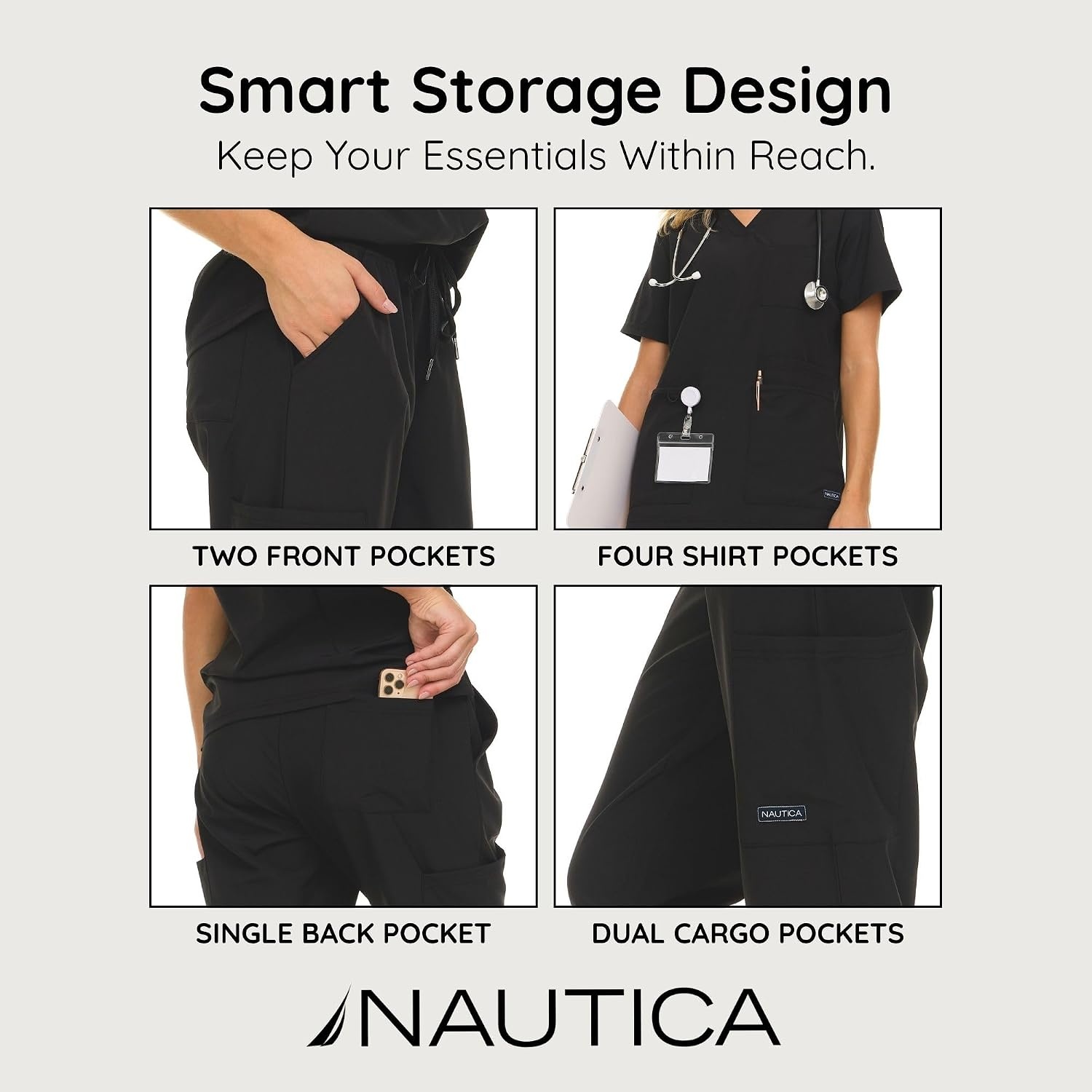 image:imageNautica Womens Scrub Set 9Pocket Breathable amp Stretchy Pants amp TopsBlack
