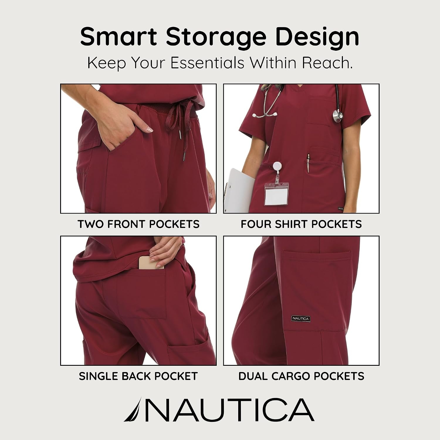 image:imageNautica Womens Scrub Set 9Pocket Breathable amp Stretchy Pants amp TopsCabernet