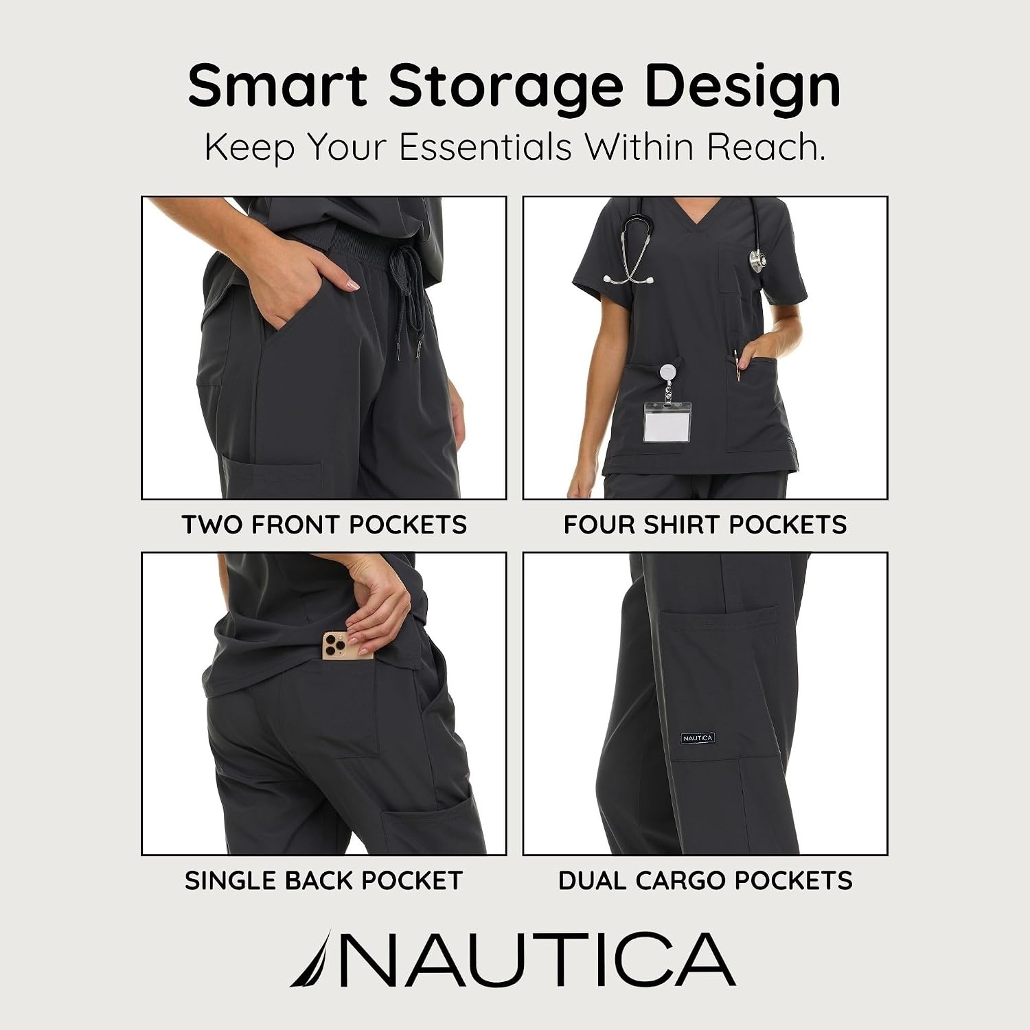 image:imageNautica Womens Scrub Set 9Pocket Breathable amp Stretchy Pants amp TopsCharcoal