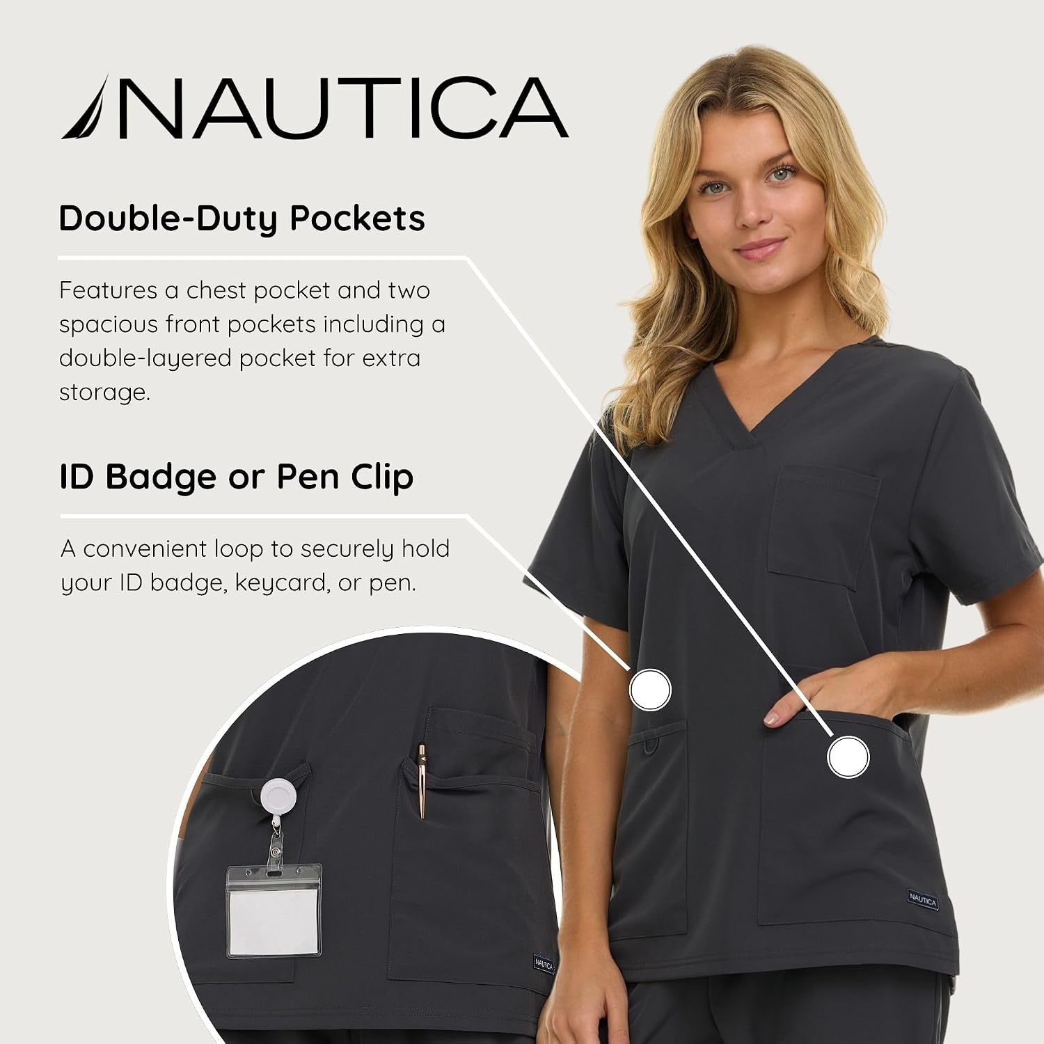 image:imageNautica Womens Scrub Set 9Pocket Breathable amp Stretchy Pants amp TopsCharcoal