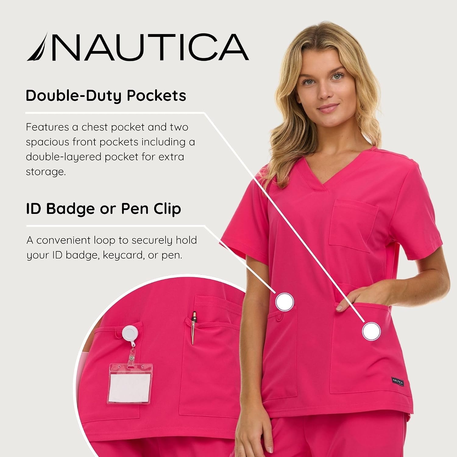 image:imageNautica Womens Scrub Set 9Pocket Breathable amp Stretchy Pants amp TopsFuschia