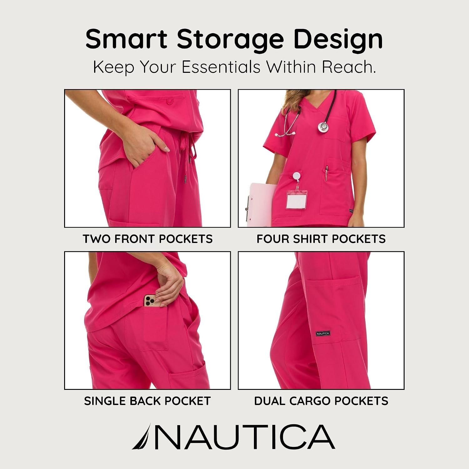 image:imageNautica Womens Scrub Set 9Pocket Breathable amp Stretchy Pants amp TopsFuschia