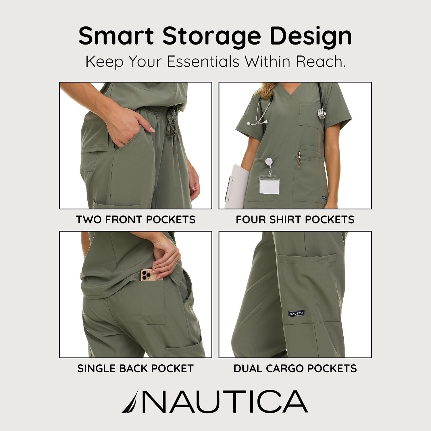 image:imageNautica Womens Scrub Set 9Pocket Breathable amp Stretchy Pants amp TopsOlive