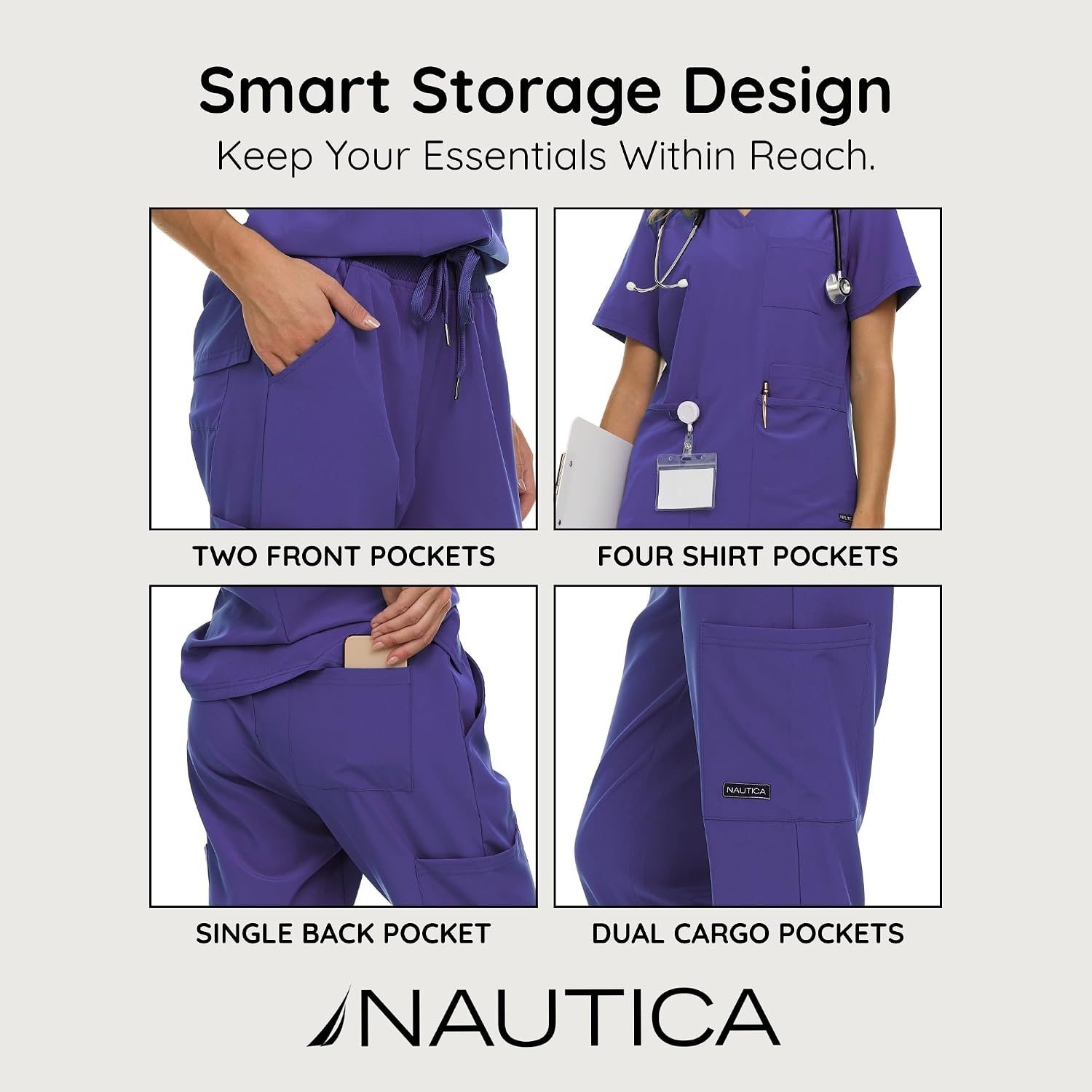 image:imageNautica Womens Scrub Set 9Pocket Breathable amp Stretchy Pants amp TopsPurple