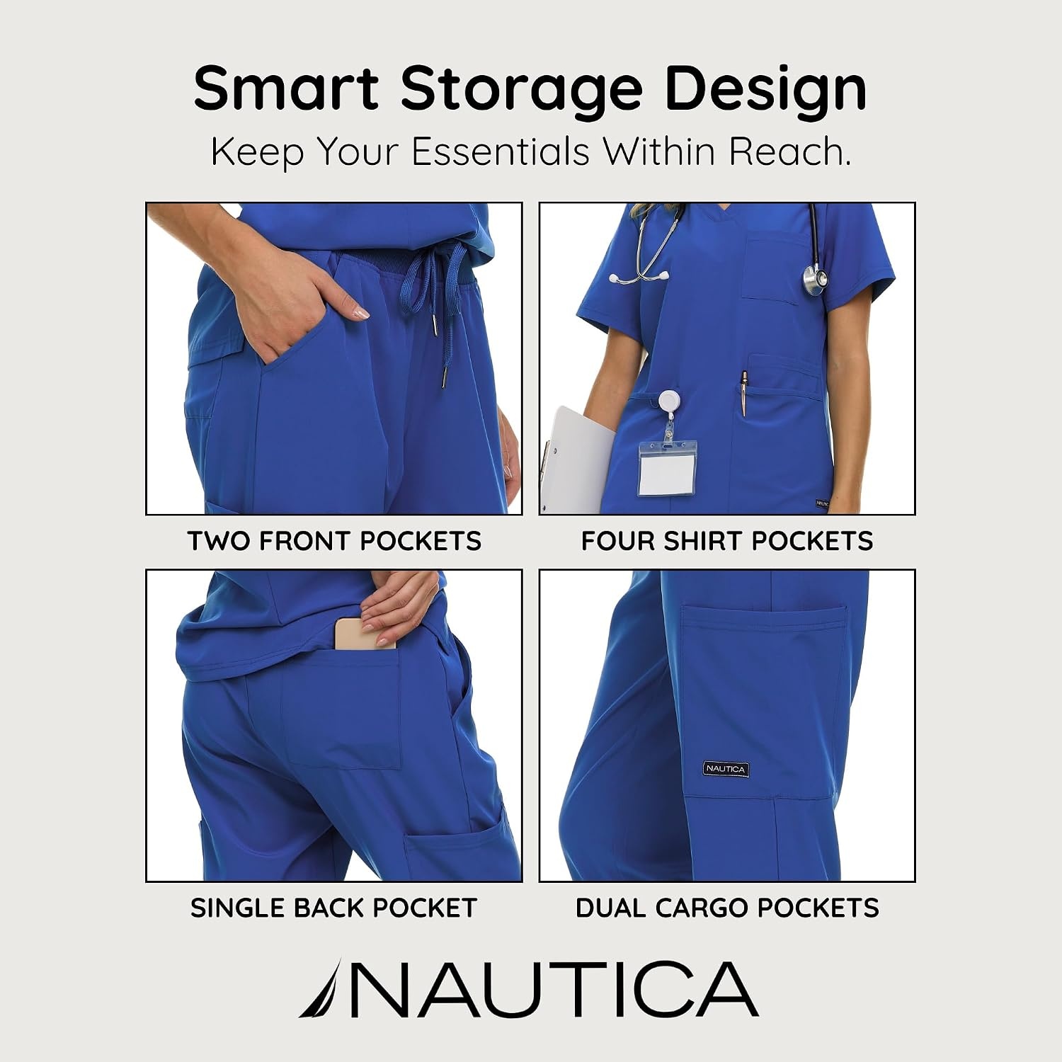 image:imageNautica Womens Scrub Set 9Pocket Breathable amp Stretchy Pants amp TopsRoyal Blue