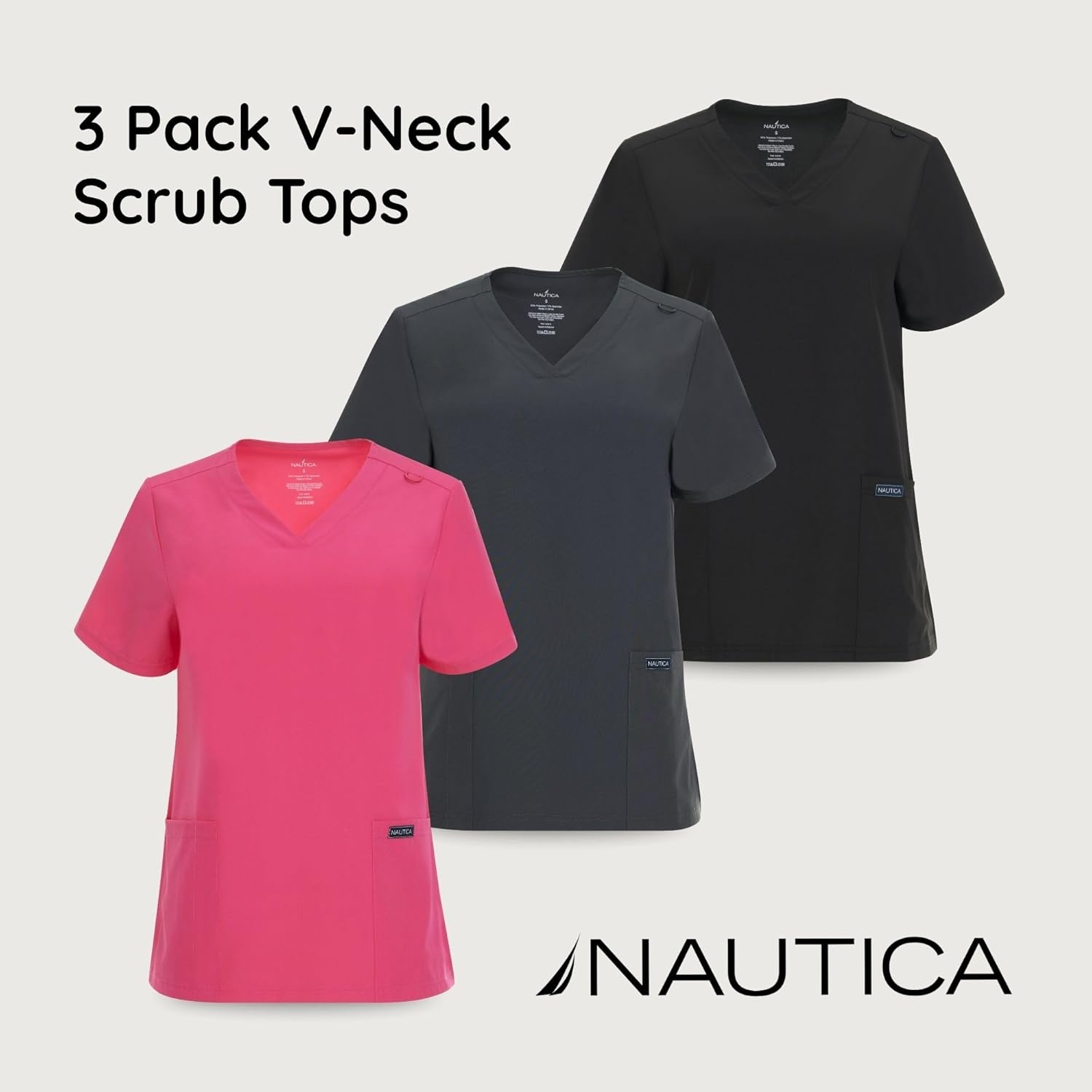image:imageNautica Womens Scrubs Tops 3 Pack VNeck Breathable Scrub Tops Women 3 Pocket Stretch Fabric Scrubs for Women3 Pack BlkChrFus
