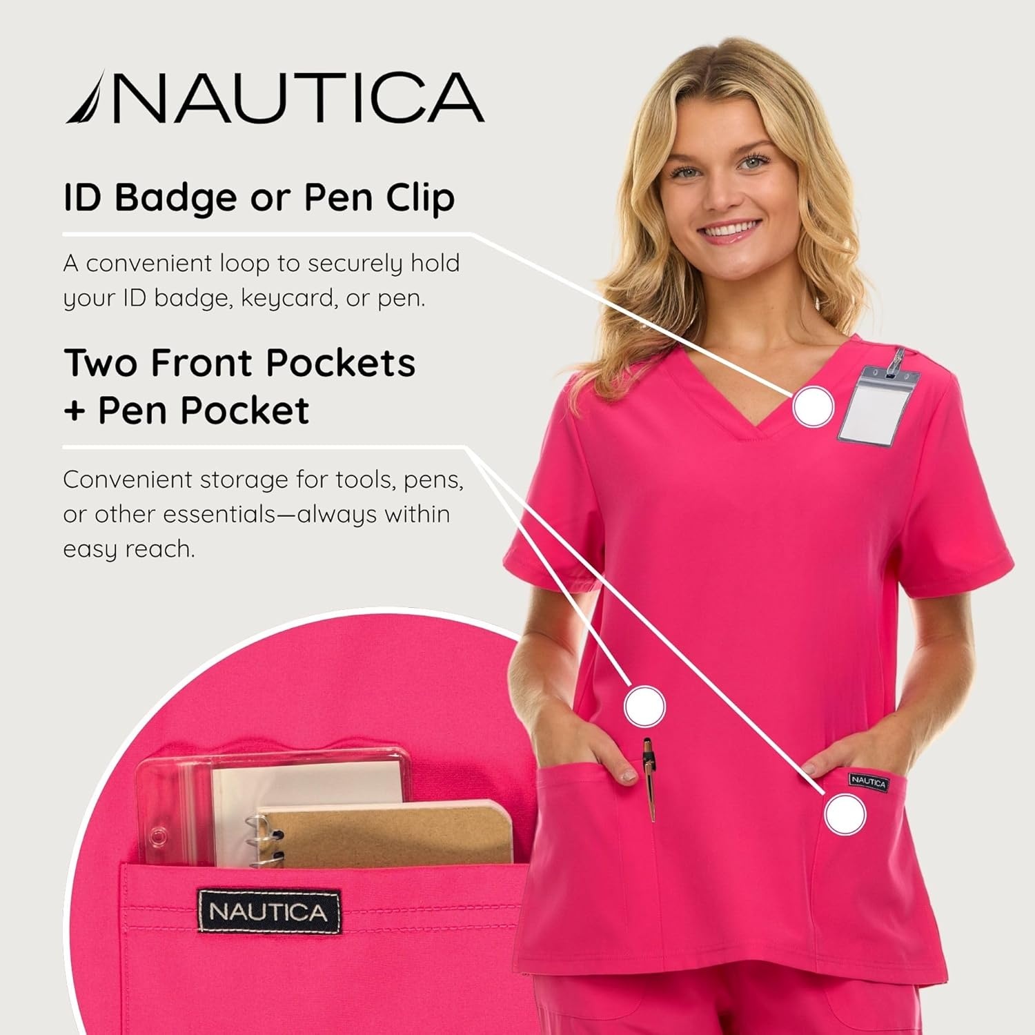 image:imageNautica Womens Scrubs Tops 3 Pack VNeck Breathable Scrub Tops Women 3 Pocket Stretch Fabric Scrubs for Women3 Pack BlkChrFus