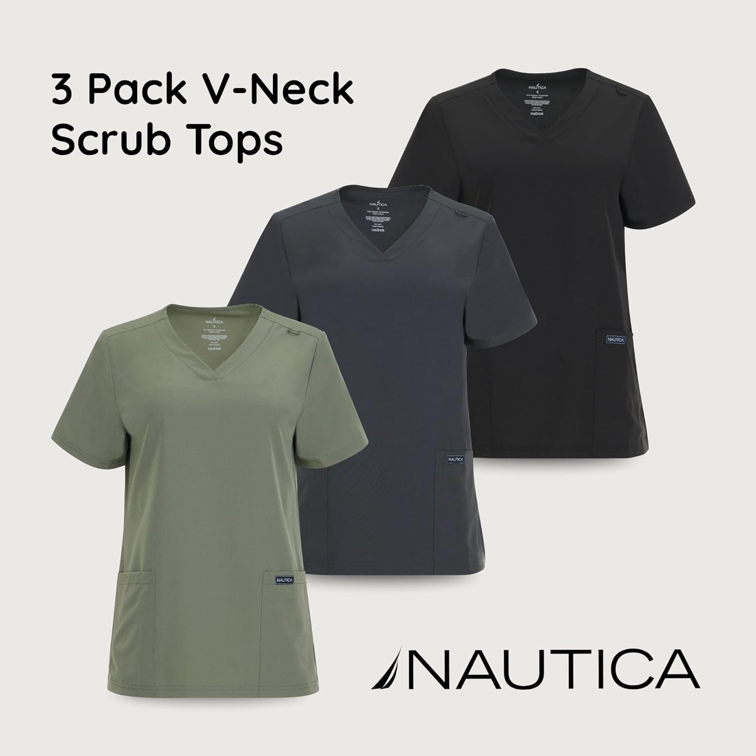 image:imageNautica Womens Scrubs Tops 3 Pack VNeck Breathable Scrub Tops Women 3 Pocket Stretch Fabric Scrubs for Women3 Pack BlkChrOlv