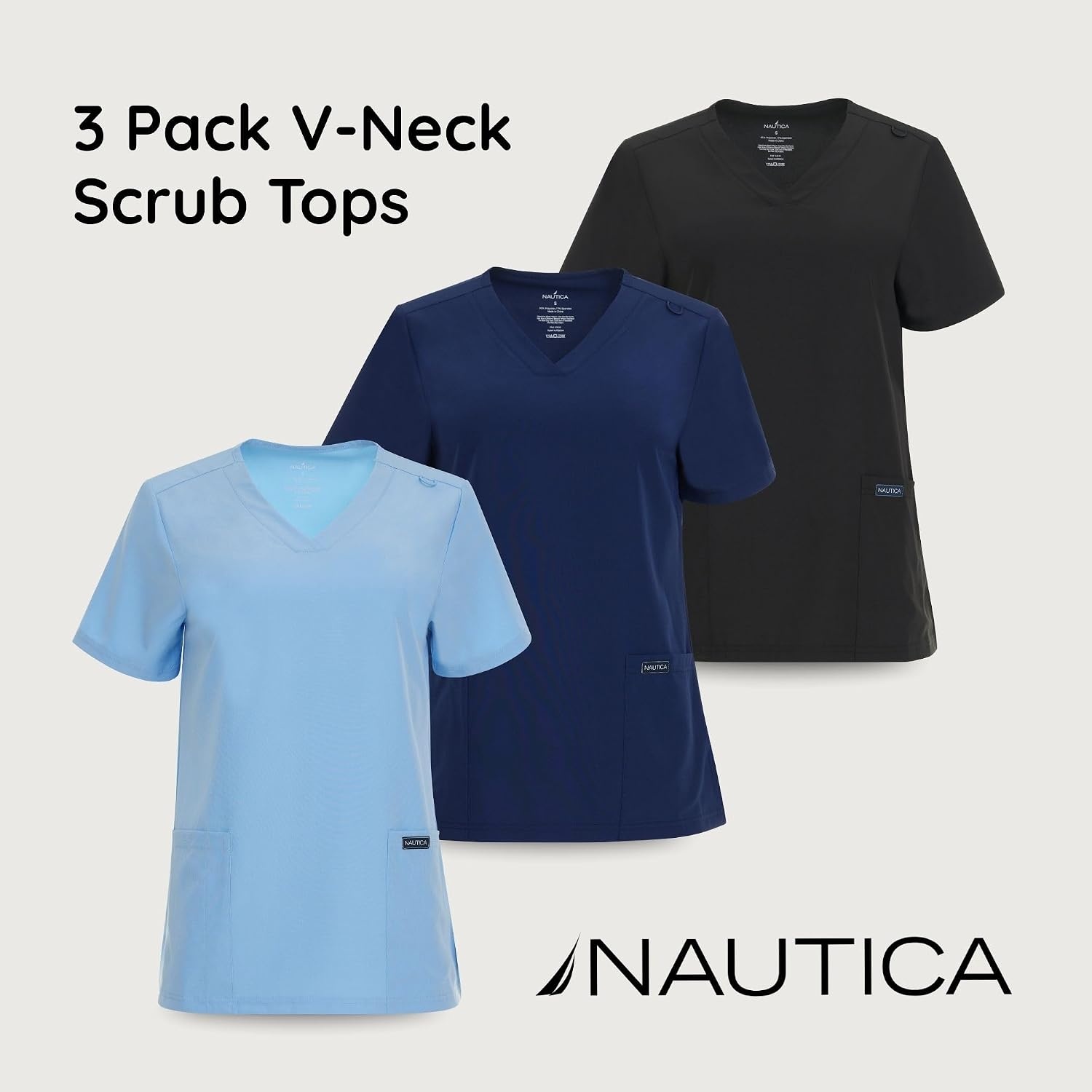 image:imageNautica Womens Scrubs Tops 3 Pack VNeck Breathable Scrub Tops Women 3 Pocket Stretch Fabric Scrubs for Women3 Pack BlkNvyCeil
