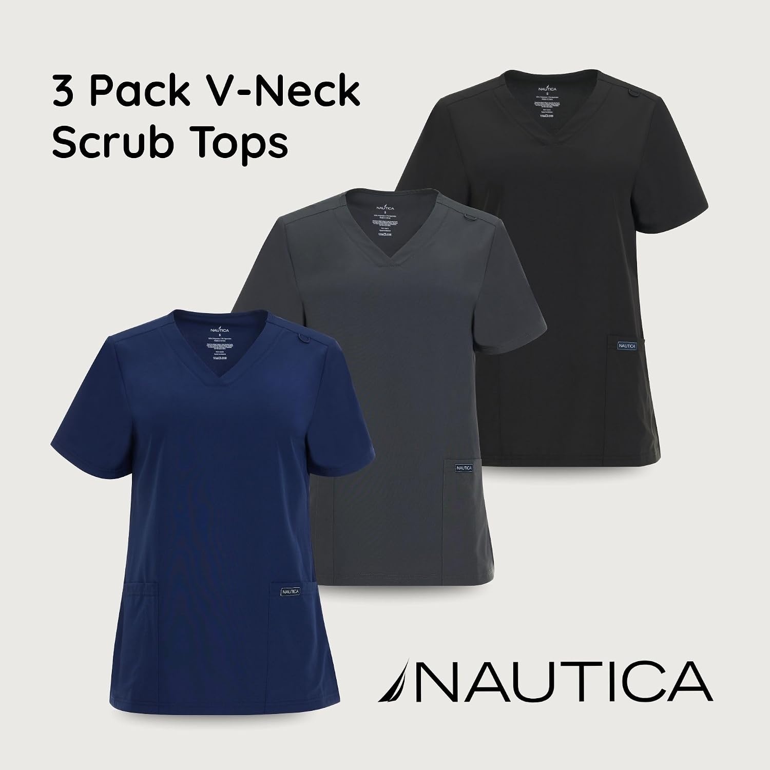 image:imageNautica Womens Scrubs Tops 3 Pack VNeck Breathable Scrub Tops Women 3 Pocket Stretch Fabric Scrubs for Women3 Pack BlkNvyChr