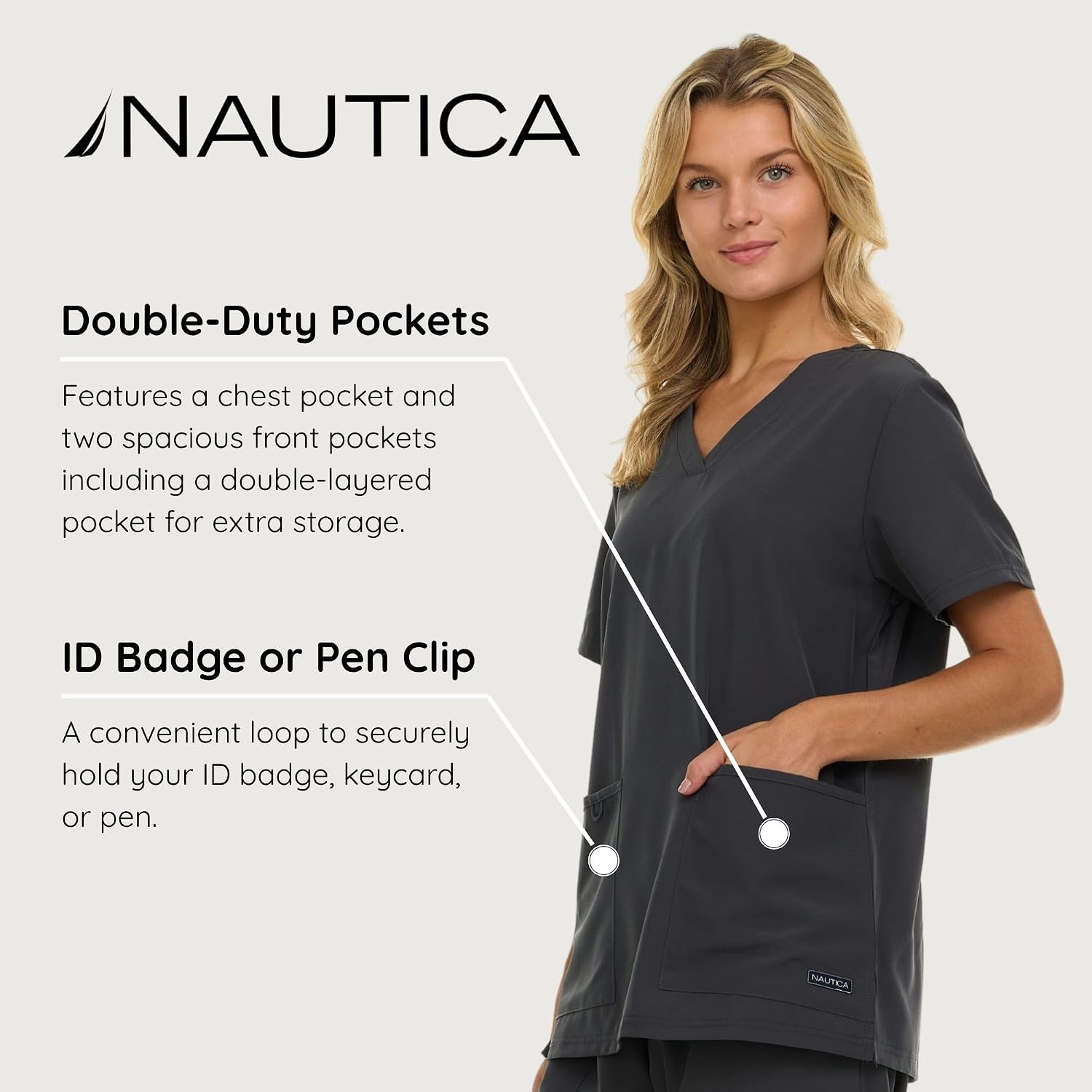 image:imageNautica Womens Scrubs Tops VNeck Breathable Scrub Tops Women 3 Pocket Stretch Fabric Scrubs for Women Medical Scrub ShirtCharcoal