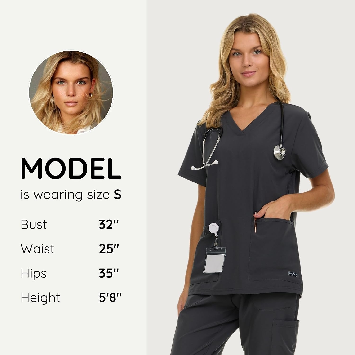 image:imageNautica Womens Scrubs Tops VNeck Breathable Scrub Tops Women 3 Pocket Stretch Fabric Scrubs for Women Medical Scrub ShirtCharcoal