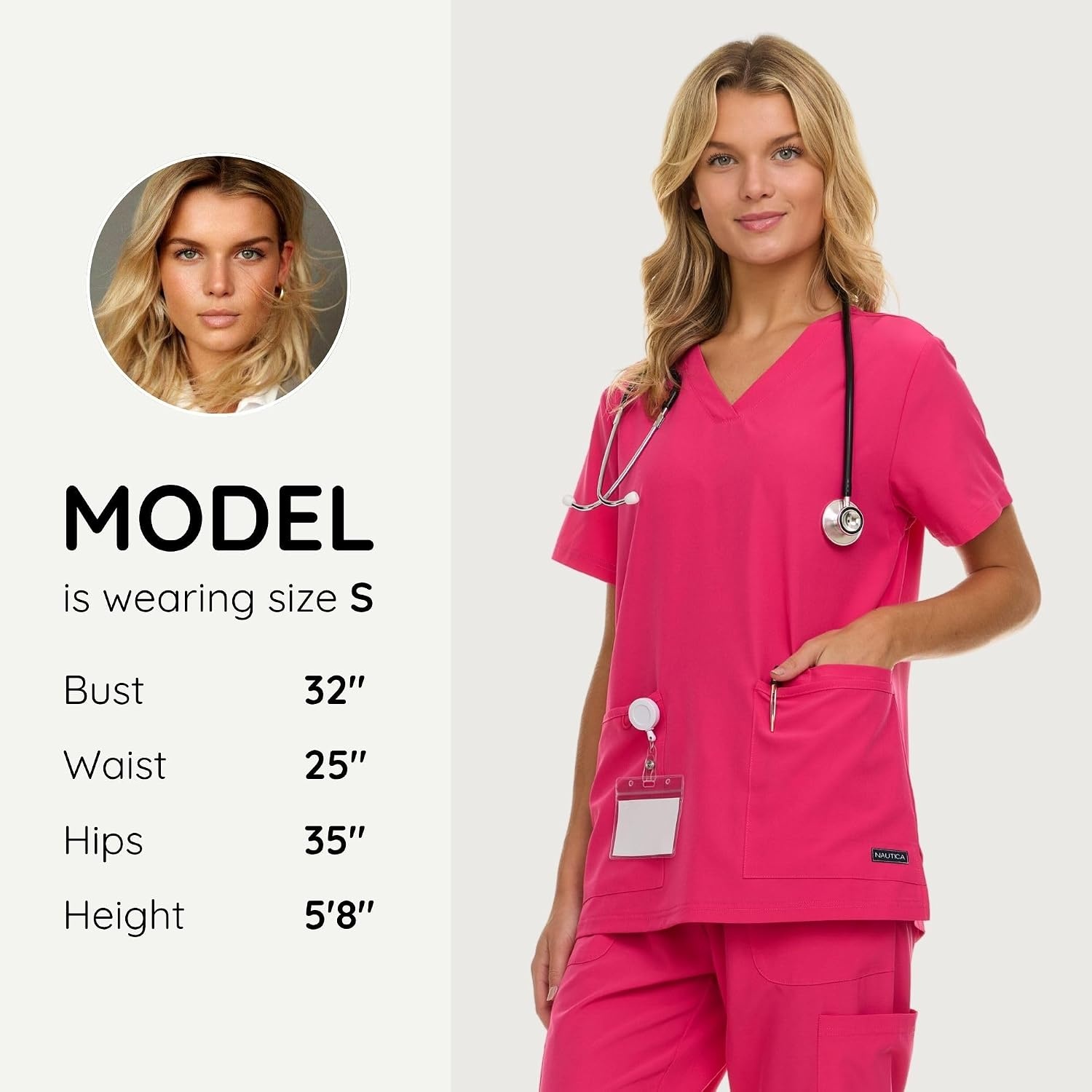 image:imageNautica Womens Scrubs Tops VNeck Breathable Scrub Tops Women 3 Pocket Stretch Fabric Scrubs for Women Medical Scrub ShirtFuschia
