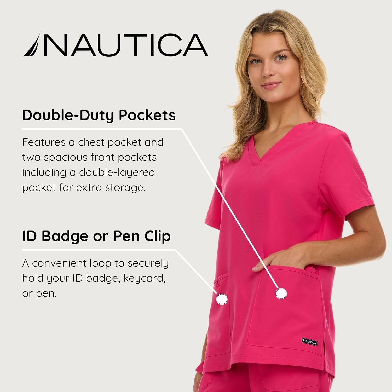 image:imageNautica Womens Scrubs Tops VNeck Breathable Scrub Tops Women 3 Pocket Stretch Fabric Scrubs for Women Medical Scrub ShirtFuschia